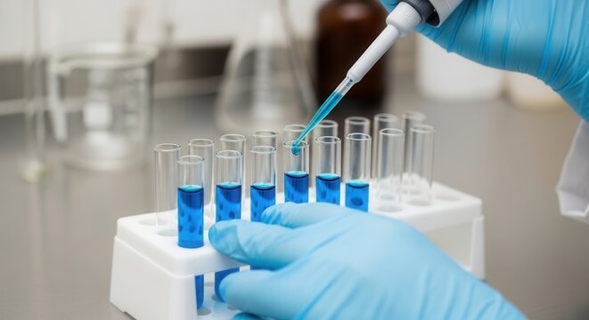 A gloved hand uses a pipette to dispense blue liquid into test tubes arranged in a white rack on a laboratory bench with blurred glassware in the background - Powered by Adobe