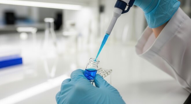 A gloved hand uses a pipette to transfer blue liquid into a small glass vial in a bright laboratory setting - Powered by Adobe