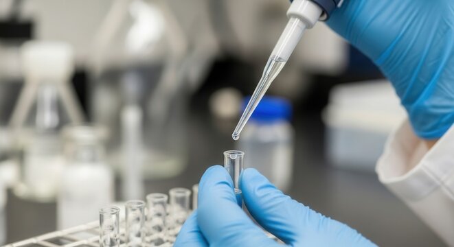 A gloved hand operates a pipette dispensing a clear liquid into a small glass vial held by another gloved hand within a laboratory