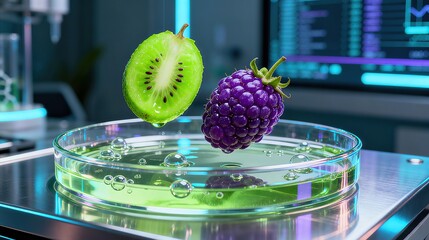 Suspended Kiwi And Purple Raspberry In Laboratory Petri Dish