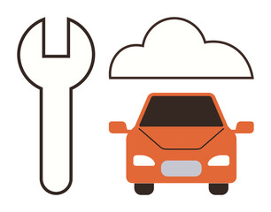 Wrench, orange car, and cloud outline represent vehicle servicing, cloud-based diagnostics, repair solutions, and digital management. Ideal for technology, repair, diagnostics maintenance