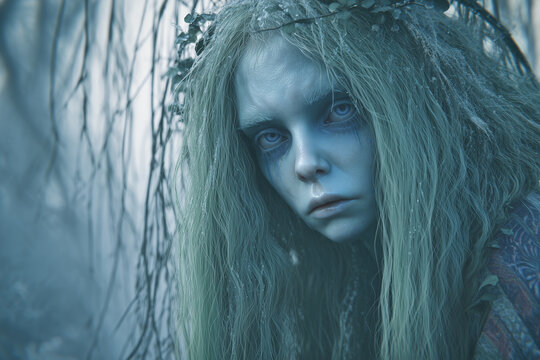 Mythological forest spirit woman with pale skin and green hair