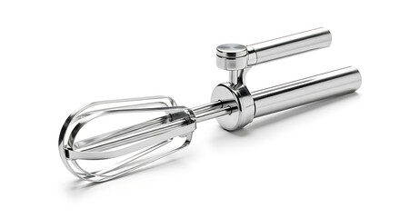 A close up of a stainless steel hand crank egg beater on a white surface in a studio setting ai generated