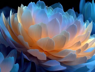 A close-up of a glowing, multi-colored flower with delicate petals in shades of blue, orange, and cream against a dark background