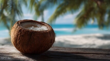 A halved coconut filled with refreshing liquid sits on a rustic wooden surface against a blurred tropical beach backdrop
