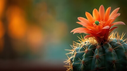 A vibrant orange cactus flower blooms atop a green spiky cactus, set against a softly blurred background with warm, glowing tones