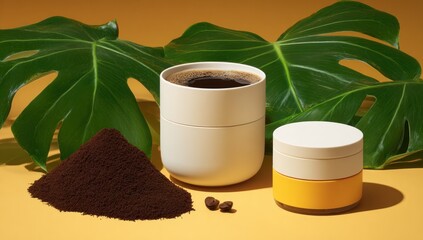 A stylish coffee cup and a vibrant yellow cosmetic container are displayed on a mustard-yellow backdrop, enhanced by lush green leaves.