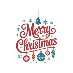 Merry christmas typography design festive ornaments and snowflakes for holiday apparel