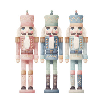 Elegant Nutcracker Trio: A charming collection of three elegantly designed nutcrackers, each adorned with distinctive pastel colors and classic regalia.