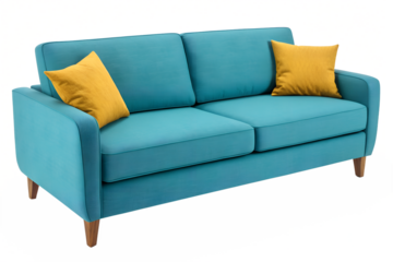 Modern teal sofa with two yellow accent pillows isolated on a transparent background