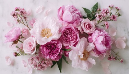 Delicate arrangement of pink and white flowers on marble