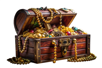 Open Wooden Treasure Chest Overflowing with Gold and Jewels