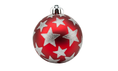 Red christmas ball ornament with silver stars isolated on transparent background for holiday decoration