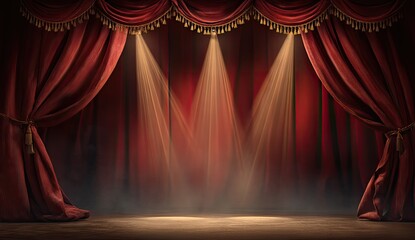 A grand theater stage, draped in rich crimson velvet curtains, illuminated by three spotlights
