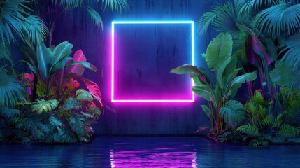 A glowing neon square floats above water, surrounded by lush tropical plants with vibrant lighting in a surreal, futuristic jungle setting