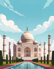 Iconic view of the Taj Mahal with its reflecting pool in Agra, India. Vector illustration in a bright, travel poster style