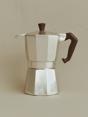 A coffee pot with a wooden handle on a beige background