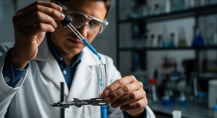 A person in a lab coat and safety glasses adds blue liquid with a dropper into a clamped test tube with blurred lab equipment in the background