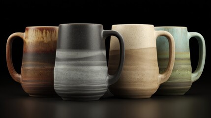Four ceramic mugs in various colors and patterns, displayed against a dark background