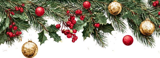 Festive Christmas garland with gold ornament, red ball and berry