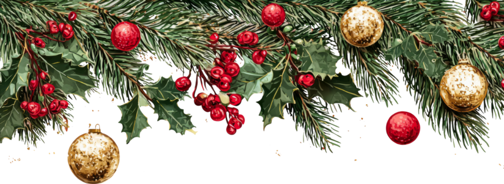 Festive Christmas garland with gold ornament, red ball and berry