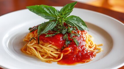 A plate of spaghetti topped with a tomato sauce, garnished with fresh basil leaves