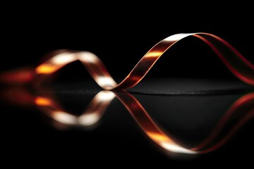 Copper ribbon curves on black surface, reflecting