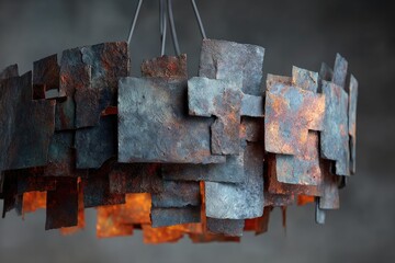 Rustic, circular metal chandelier with rust-toned squares