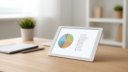 Fototapeta premium Financial Planning Modern workspace featuring a tablet displaying a pie chart, with stationery and a plant in the background.