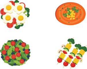Healthy food cartoon illustration with eggs, soup, salad, and vegetable skewers in colorful style isolated on white background for nutrition concept