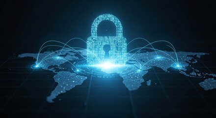 Obraz premium Global Digital Padlock Cybersecurity Network World Map Protection