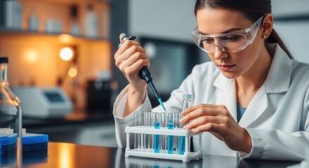 A person in a lab coat and safety glasses precisely pipetting blue liquid into test tubes within a laboratory setting