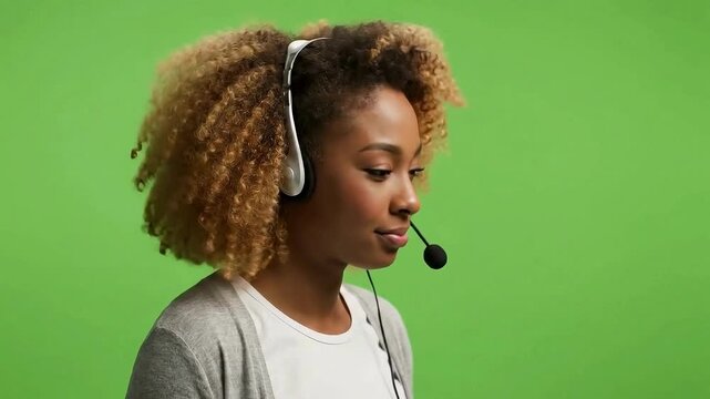 Focused woman with headset actively engaging in a customer service conversation, conveying professionalism and helpfulness.