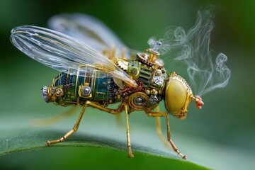 A meticulously crafted, steampunk-style fly, adorned with intricate gears, wires, and metallic plates, rests on a vibrant green leaf.  Steam or smoke emanates from its body