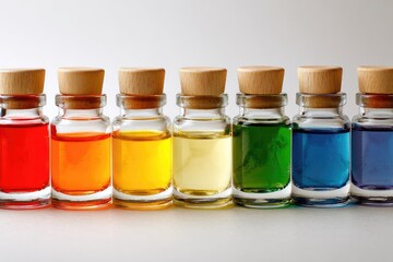 Row of small glass bottles, each filled with a different colored liquid, and capped with light-brown wood stoppers