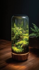 Cylindrical glass terrarium, filled with lush greenery, moss, and small fish, sits on a wooden floor.  Clear glass, with a dark wooden base and top.  Ambient lighting