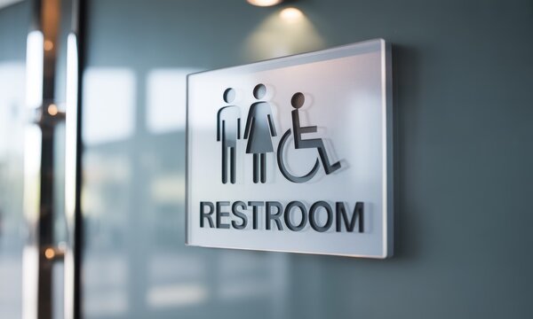 A restroom sign affixed to a modern wall.  Symbols for men, women, and disabled access