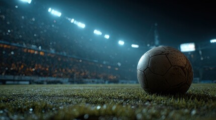 Soccer ball on a dimly lit stadium field at night
