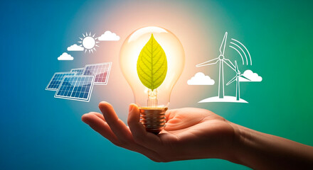 Sustainable energy innovation glows in hand, symbolizing bright future with solar, wind power, and green ideas for a cleaner planet.