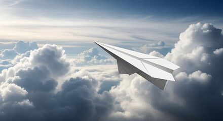 Fototapeta premium A paper airplane soaring through fluffy white clouds in a bright sky