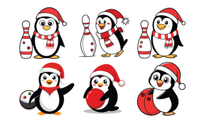 Cute cartoon penguins wearing santa hats and scarves in various festive poses with christmas presents and bowling pins for holiday celebration