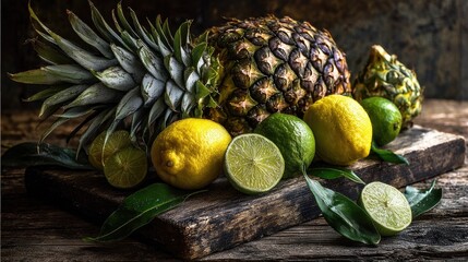 Still life of tropical fruits on weathered wood
