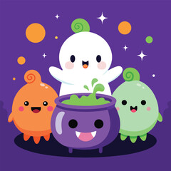 Cute kawaii halloween characters ghost pumpkin cauldron spooky night purple background stars trick or treat fun