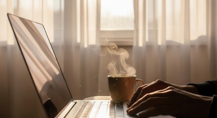 A persons hands are typing on a laptop next to a steaming mug bathed in sunlight filtering through a window with sheer curtains
