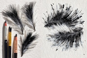 Feathers, paint, and brushes on paper
