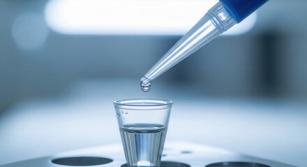 A pipette dispenses a clear drop of liquid into a small transparent vial containing fluid set in a light blue background