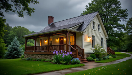 A cozy wooden house with a veranda among green plants against a background of stormy sky and rain, giving protection and peace