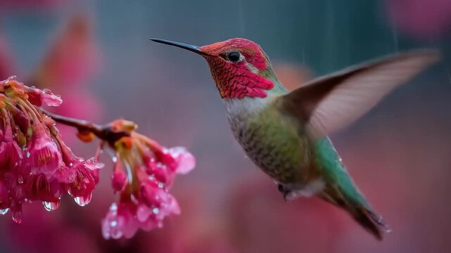 Hummingbird Hovering Near Pink Blossoms in Rain
