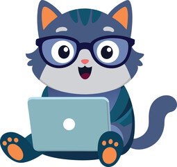 Cute cartoon cat wearing glasses and sitting with a laptop computer perfect for technology and education themes