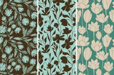 A set of stylish seamless floral patterns in trendy colors, retro linear vector, concise, contrasting vintage, handmade design for fabric design decoration elements on a light or dark background